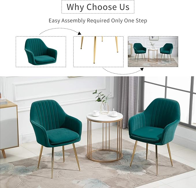 ECOTOUGE Matte Velvet Dining Chairs Set of 6, Modern Arm Chair with Golden Metal Legs, Living Room Accent Chairs for Kitchen, Emerald Green