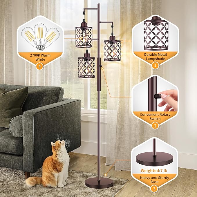 【Upgraded】72" Tall Dimmable Floor Lamp, Farmhouse Standing Lamp with Elegant Metal Cages, Industrial Tree Floor Lamps for Living Room, Bedroom, Study Room, Office (3 x 800LM LED Bulbs Included) -Brown