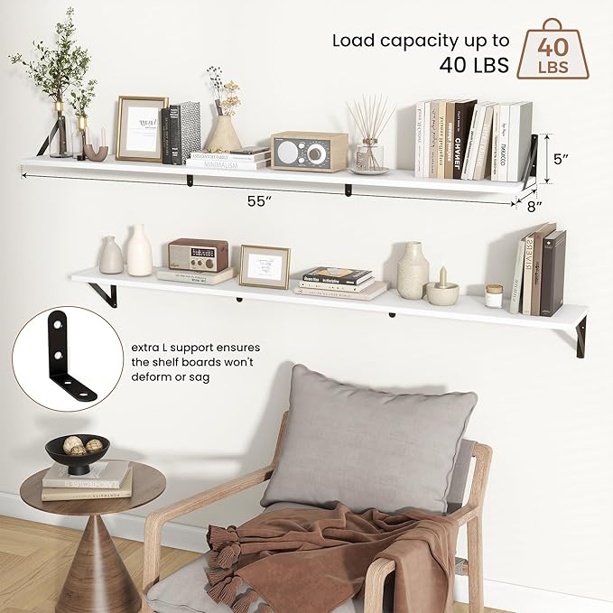 Axeman White Floating Shelves for Wall 55 Inch | 55W x 8D Rustic Wood Floating Shelves Set of 2 | 8" Deep Wall Shelves for Bathroom Kitchen Living Room | Bookshelf Display Shelves - White