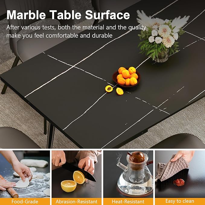 Expandable Rectangular Dining Table (62.9" to 94.4") – Modern Black Sintered Stone Top, Adjustable Table for 6 to 10 People for Dining Room Family Gathering