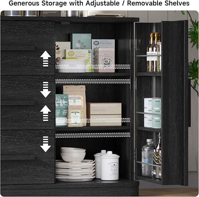 ONBRILL 47" Curved Buffet Cabinet with Storage and 3 Drawers, Large Sideboard Buffet Storage Cabinet with 2 Doors, Modern Coffee Bar Table for Dining Room, Living Room, Entryway (Black)