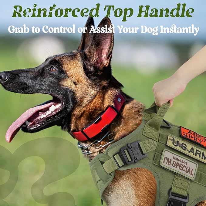 rabbitgoo Tactical Dog Harness for Large, Heavy Duty Pet Harness with Handle, No-Pull Service Vest Large Breed, Adjustable Military Dog Vest for Training Hunting Walking, Green, XL