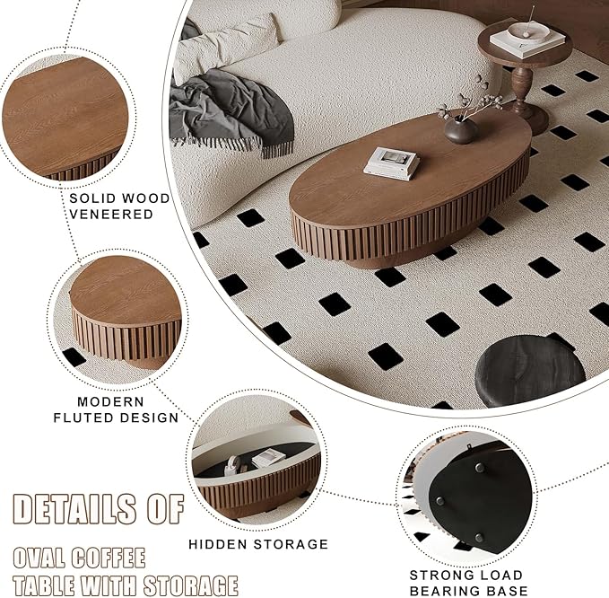 47.2" Oval Coffee Table with Storage, Fluted Coffee Table with Solid Wood Veneered, Mid Century Modern Wooden Center Table, Accent Tea Table for Living Room Apartment, Walnut