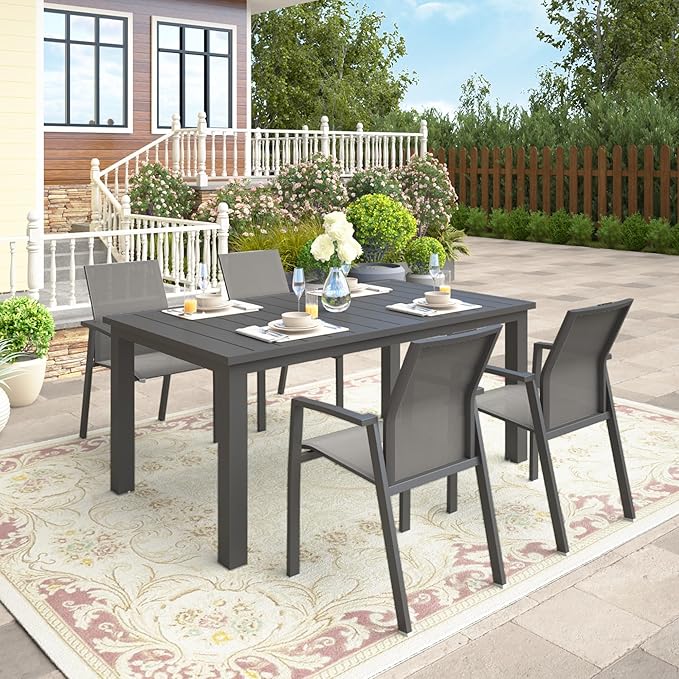 Wisteria Lane 5 Piece Aluminum Outdoor Patio Dining Sets with Fully Assembled Dining Chair，91.3" L×39.4" W Expandable Patio Table and Chairs Set for 4, Stackable Chairs with Quick Drying Fabric, Grey