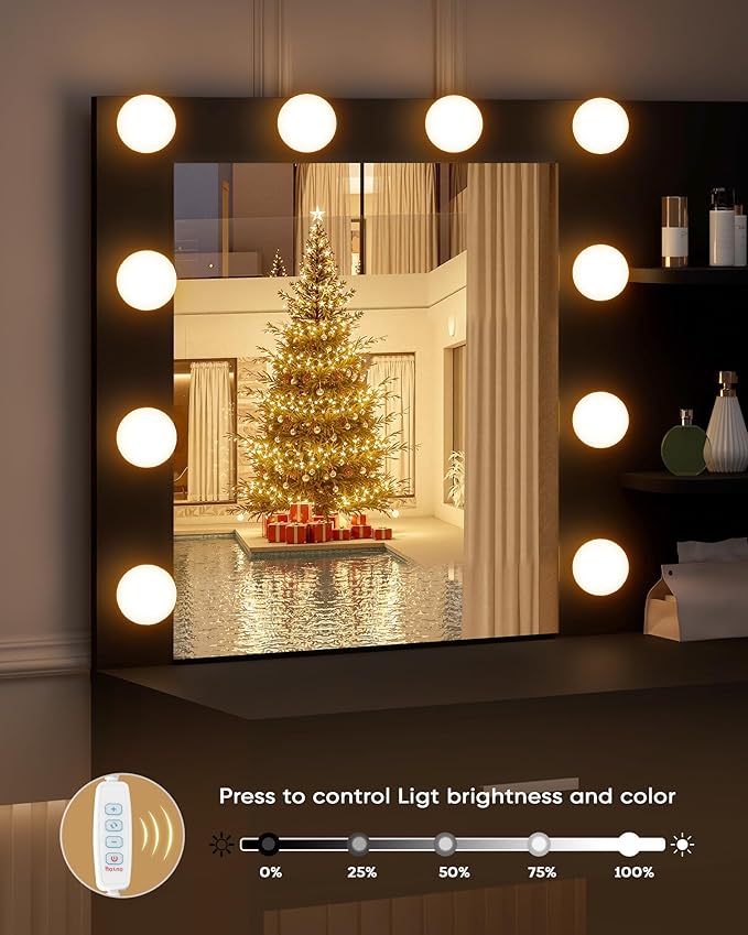 Lighted Makeup Vanity Desk, 35.4”W x 15.7“D x 54”H, Black (with Lights and Mirror, Dimming Function, 2 Drawers and 1 Cabiniet, Open Shelves)