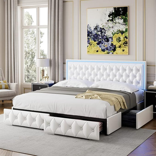 Keyluv Full Upholstered LED Bed Frame with 4 Drawers, Pu Leather Platform Storage Bed with Adjustable Button Tufted Headboard and Solid Wooden Slats Support, No Box Spring Needed, White