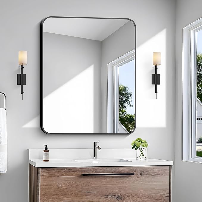 BONEWEI 30x36 inch Bathroom Mirror,Black Rectangle Mirror,Wall Mounted Bathroom Frame Vanity Mirror with Round Corner for Bedroom Living Room, Entryway Hangs Horizontal or Vertical
