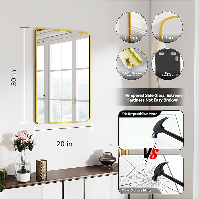 20x30 Rectangle Mirror Full Length Wall Mounted Hanging or Against Wall Metal Frame Dressing Make-up Mirrors for Entryway Bedroom Bathroom Living Room 20 30 inch Gold