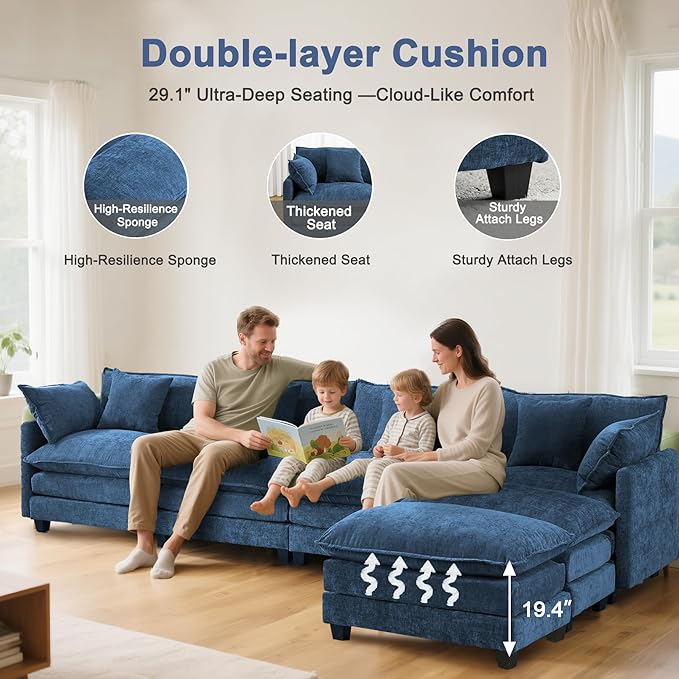 146" Cloud Chenille Sectional Couch 4+2 with Ottomans｜Large Modular Sofa for Spacious Living Rooms｜FSC Solid Wood Frame｜29.1" Deep Seat｜Easy Assembly & 1YR Guarantee