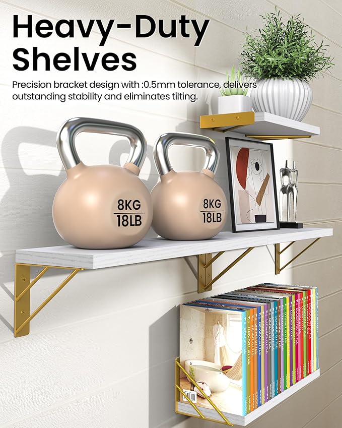 BAYKA Wall Shelves for Bedroom Decor, Floating Wall Shelf for Living Room Kitchen Storage, Mounted Rustic Wood Shelves for Kids Books, Christmas Decorations for Room(White and Gold，Set of 4)