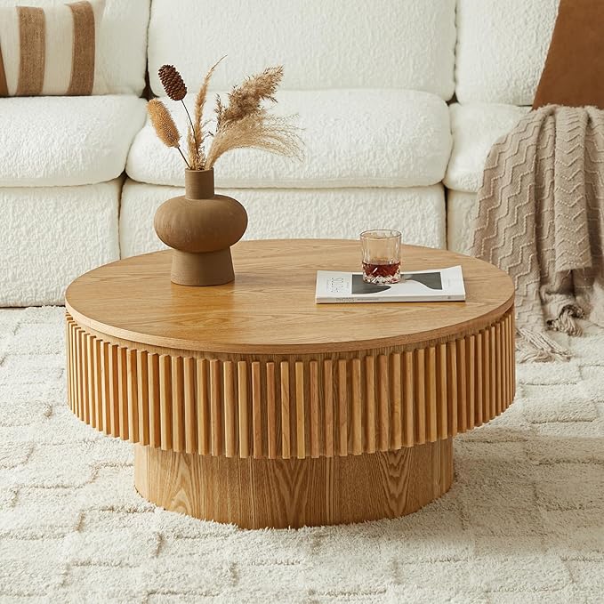 Round Coffee Table for Living Room,Fluted Drum Accent Tea Center Table with Storage,Circle Modern Coffee Tables for Small Space Office Apartment (31.5" L×31.5''W×14''H-Natural)