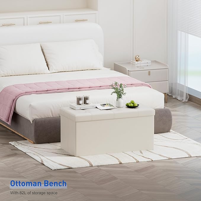 BRIAN & DANY 30 Inches Storage Ottoman Bench, Faux Leather Ottoman with Storage, Folding Bench Shoe, Foot Rest Stool, for Living Room, Beige