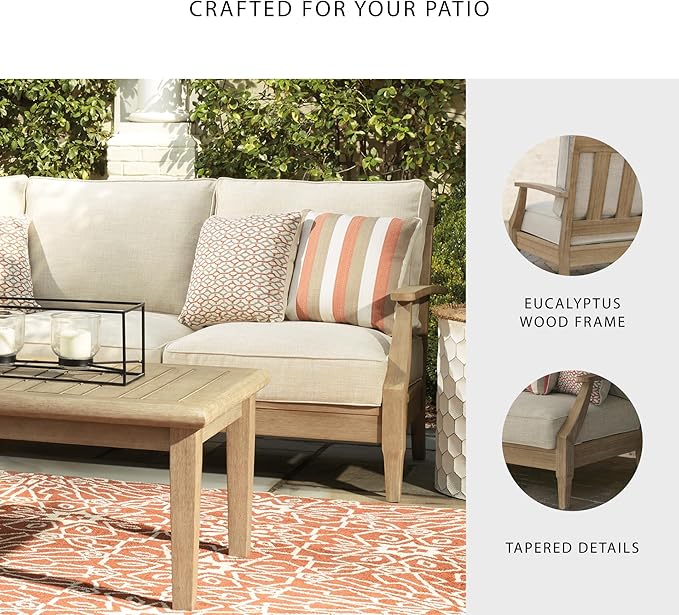 Signature Design by Ashley Clare View Outdoor Patio Sofa, 4 Throw Pillows, Nuvella Weather Resistant Fabric, Eucalyptus Wood, 81" W x 35" D x 32" H, Beige