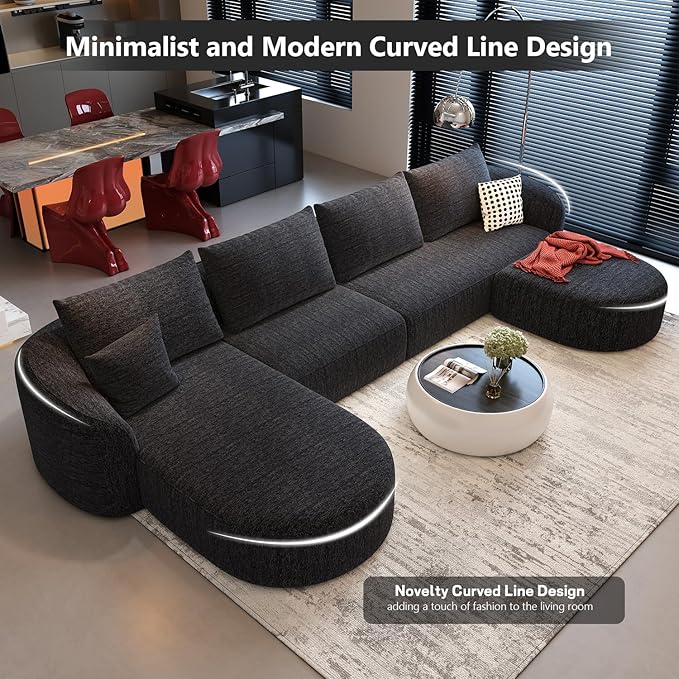 138.6" Modular Sectional Couches Luxury Modern Curved Back U-Shape Sofa Set with Ottoman,Minimalist Comfy Boneless Cloud Couch for Living Room Apartment,(Left Facing Chaise,Black)