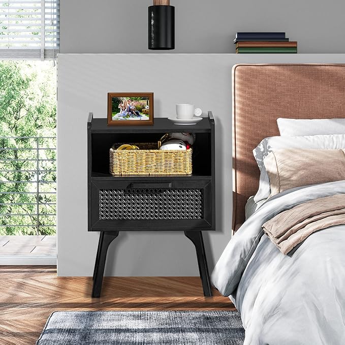 Lerliuo Rattan Nightstand, Side Table with Drawer Open Shelf, Cane Accent Bedside End Table with Solid Wood Legs, Mid Century Modern Night Stand for Bedroom, Dorm and Small Spaces (Black)