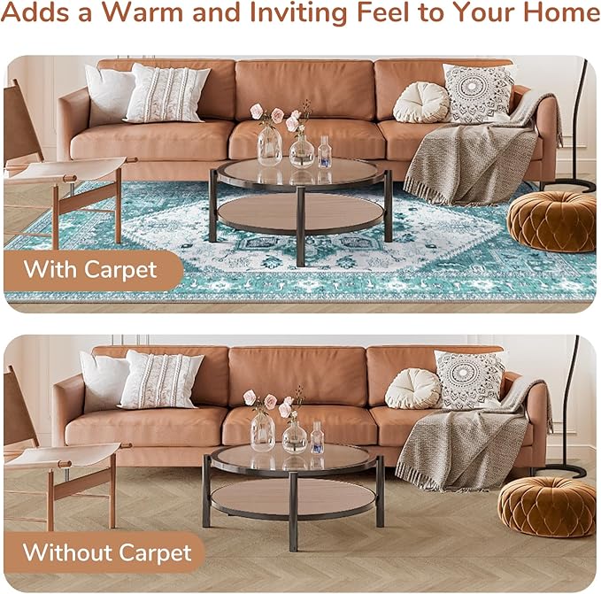 OPPODREAM Thin 8x10 Area Rugs, Washable Rugs 8x10 with Non Slip Backing, Faux Cashmere Low-Pile 8 x 10 Carpet, Teal & Turquoise & Cream