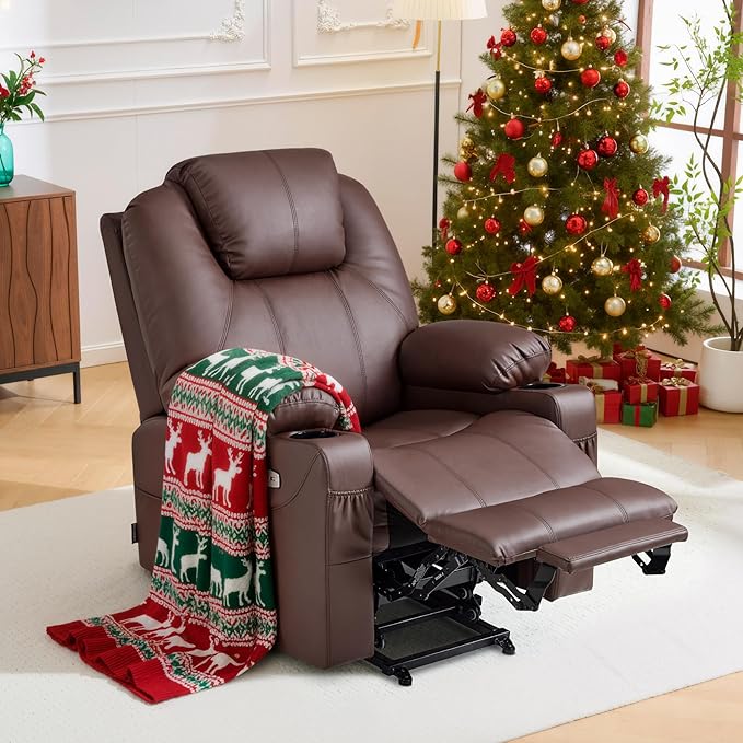 MCombo Electric Power Lift Recliner Chair Sofa with Massage and Heat for Elderly, 3 Positions, 2 Side Pockets, and Cup Holders, USB Ports, Faux Leather 7040 (Light Brown, Medium)
