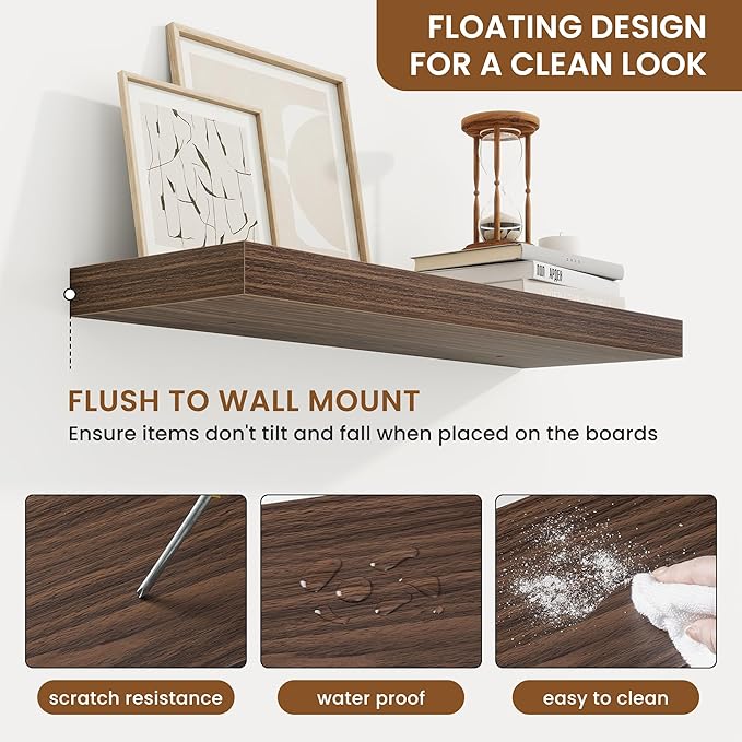 fuqing Floating Shelves for Wall, Wall Mounted Wood Floating Shelf with Invisible Brackets for Living Room, Bathroom, Bedroom, Kitchen Storage and Decor, 24 Inch Set of 2, Walnut