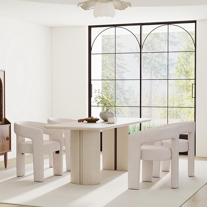 Modern Barrel Dining Chairs Set of 4, Linen Upholstered Accent Side Chair with Arms Comfy Makeup Vanity Chairs, Dining Living Room Kitchen Chairs, Beige