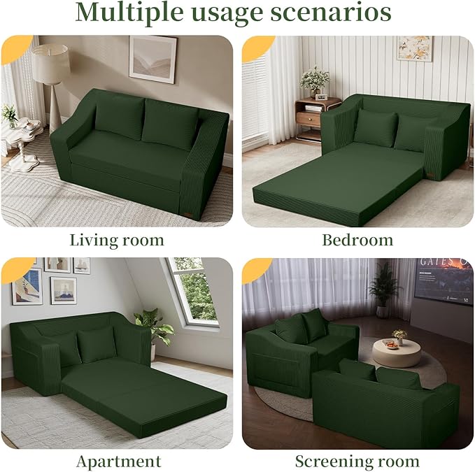 MeMoreCool Convertible Sofa Bed, Pull Out Loveseat Sofa Sleeper Couch for Bedroom Living Room Lounge, 2 in 1 Small Couch Bed with Pillow, Foldable Love Seat Futon Corduroy Green