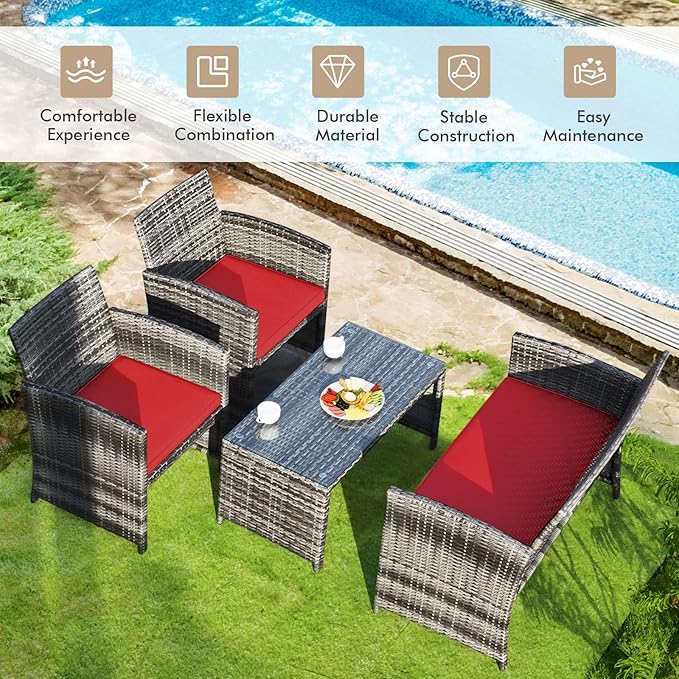 Goplus 4-Piece Rattan Patio Furniture Set, Outdoor Wicker Conversation Sofa with Weather Resistant Cushions and Tempered Glass Tabletop for Lawn Backyard Pool Garden (Red)