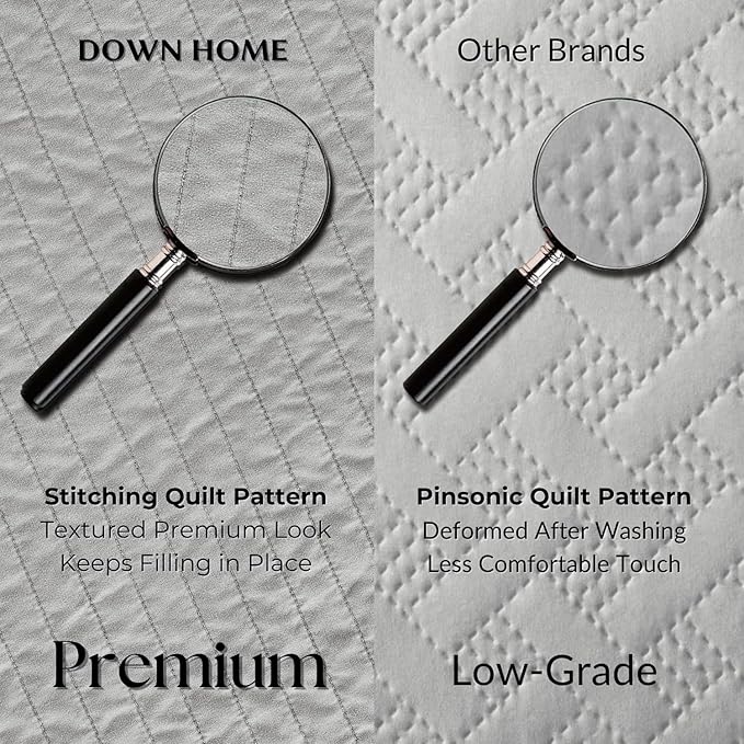 DOWN HOME Twin Quilt Bedding Set with Sham, Vintage Washed Soft Quilted Blanket Thin Comforter Lightweight Bedspread Coverlet Bed Cover, Brushed Microfiber Stripe Stitching, Light Gray, 66"x92"