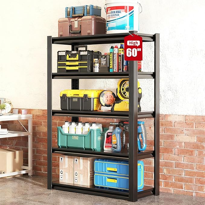 Heavy Duty Garage Shelving, Metal Storage Shelves, Adjustable 5 Tier Metal Shelving Unit, Industrial Utility Rack for Garage, Warehouse, Workshop, 12" D×27.5" W×60" H, Black
