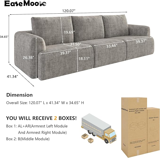 EASE MOOSE Boneless Couch for Living Room, Sectional Cloud Sofa, Modular Cloud Couch, 3-Seater Deep Seat Sofas with Pillow for Bedroom, Apartment, No Assembly Required, Chenille (Light Grey)