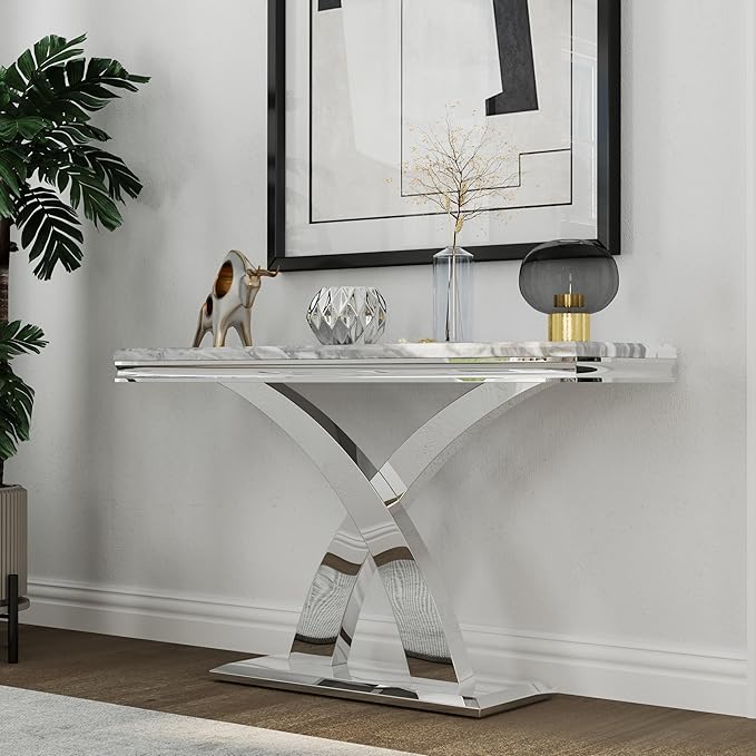 AUZ 3 Pieces Silver Living Room Table Set Modern Coffee Table Set with X-Shape Design Polished Stainless Steel Frame