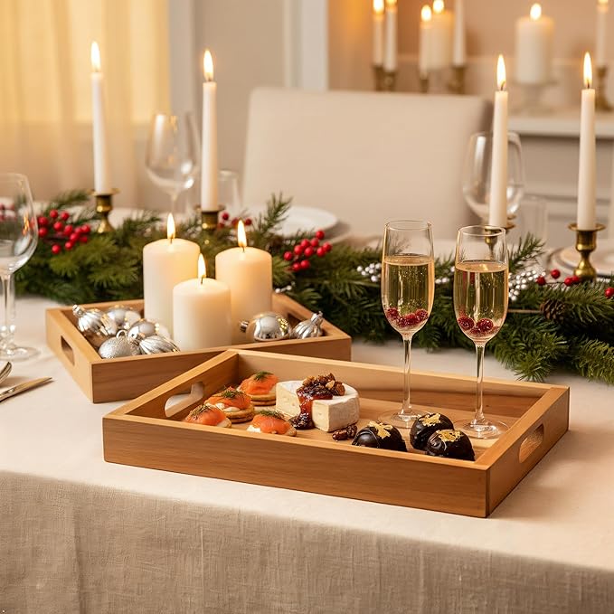 Natural Acacia Wooden Rectangular Serving Tray with Handles, Set of 2 (15"x11"), Large Tray for Ottoman, Breakfast in Bed, Dinner, Coffee Table Decor & Kitchen