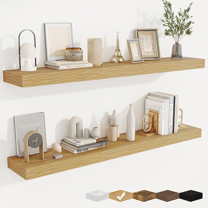 fuqing Floating Shelves for Wall, Wall Mounted Wood Floating Shelf with Invisible Brackets for Living Room, Bathroom, Bedroom, Kitchen Storage and Decor, 48 Inch Set of 2, Oak