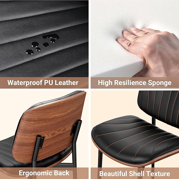 Dining Chairs Set of 2, Mid-Century Modern Upholstered PU Leather Chairs with Walnut Bentwood Back and Metal Legs Adjustable Feet for Kitchen, Black Shell Strips