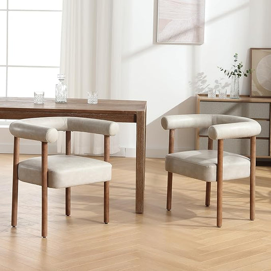 PU Leather Dining Chairs Set of 2, Modern Upholstered Dining Chairs, Curved Backrest Kitchen Dining Room Chairs Accent Chairs Arm Chairs with Natural Wood Legs, Grey