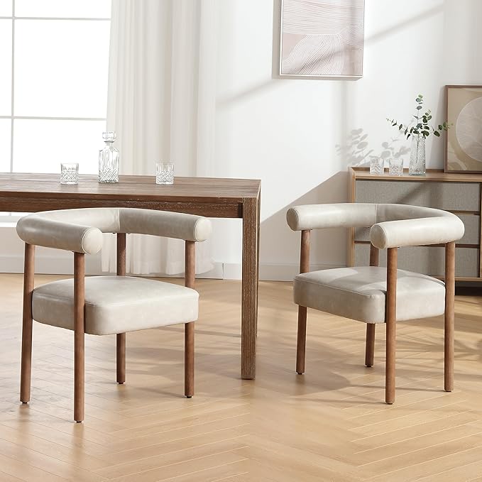 PU Leather Dining Chairs Set of 4, Modern Upholstered Dining Chairs, Curved Backrest Kitchen Dining Room Chairs Accent Chairs Arm Chairs with Natural Wood Legs, Grey