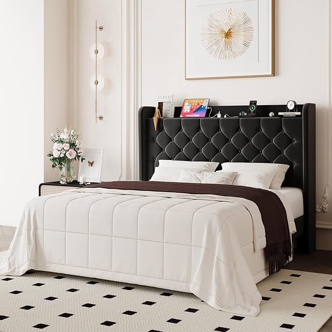 Allewie Queen Size Bed Frame, Storage Headboard with Charging Station, Wingback Velvet Upholstered, Diamond Stitched Button Tufted, Sturdy Wooden Slats, No Box Spring Needed, Easy Assembly, Black