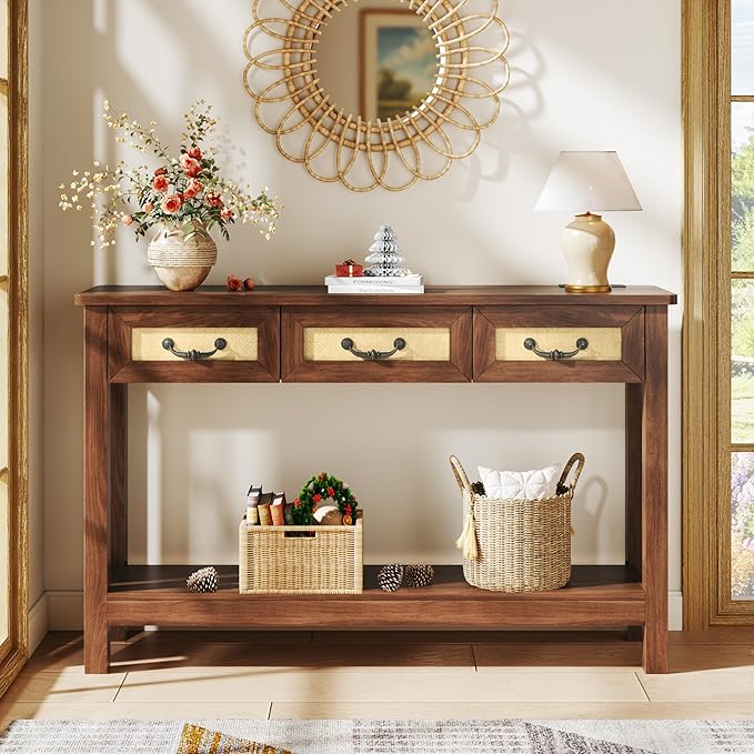 47.2" Console Table with 3 Rattan Drawers, Long Sofa Table with Storage Behind Couch, Farmhouse Entryway Table with Power Outlet & Open Storage for Entrance/Hallway/Foyer/Living Room, Walnut