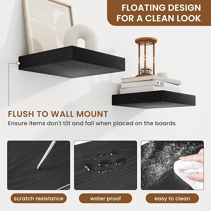 fuqing Floating Shelves for Wall, Wall Mounted Wood Floating Shelf with Invisible Brackets for Living Room, Bathroom, Bedroom, Kitchen Storage and Decor,6.5 Inch Set of 3, Black