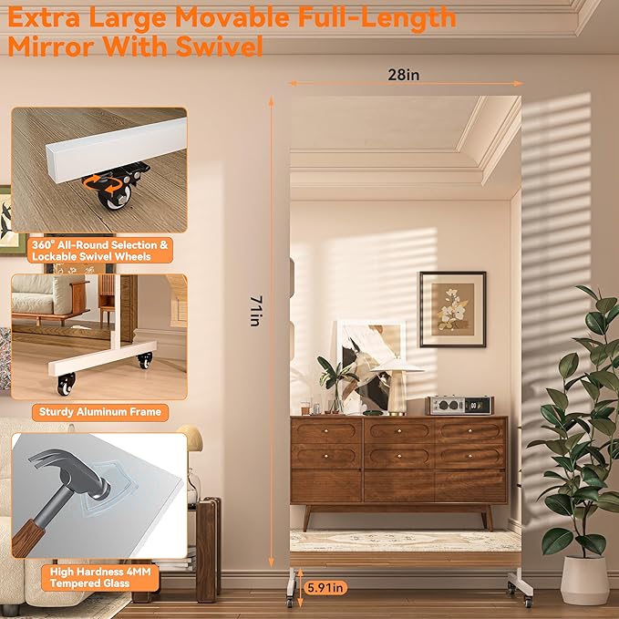 Hasipu Home Gym Mirror 360° Swivel on Wheels, 71" x 28" Extra Large Full Body Rolling Mirror for Yoga Studio, Bedroom, Dancing Studio, White