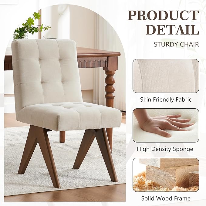 Rowill Modern Upholstered Dining Chairs Parsons Chair Linen Fabric Kitchen Chairs Tufted Armless Dining Room Chairs with Wood Legs Set of 2, Beige