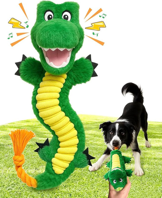 Swooflia Dog Rope Toy - Interactive Cute Dinosaur Squeaky Plush Toys No Stuffing, Teeth Cleaning for Small Medium and Large Dogs, Durable Puppy Tug of War Chew Toy for Training and Play