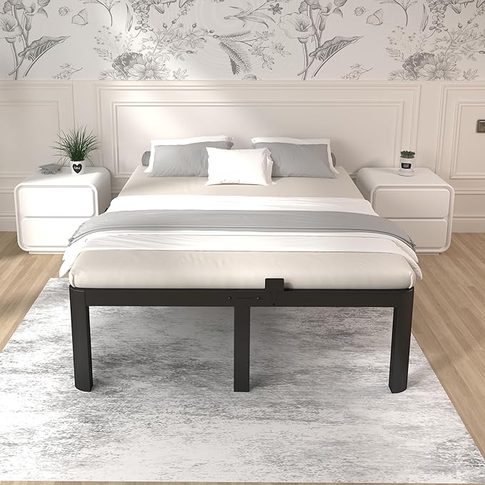 ITIMIDI 16 Inch Metal Bed Frame Queen Size, Safety Design with Rounded Corner Legs and DIY Headboard, No Box Spring Needed, Easy Assembly, Noise Free, Sturdy and Stable, Black