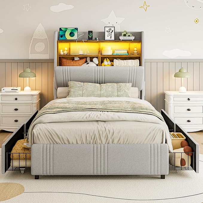 IKIFLY Twin XL Bed Frames with Hidden Storage Headboard & 4 Drawers, 49.2” Tall Upholstered Wingback Headboard with LED Lights and Charging Station, No Box Spring Needed, Solid Wood Slats, Light Grey