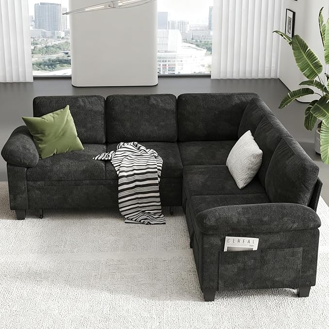 76.8" Modular Sectional Sleeper Sofa with Pull Out Bed,U Shaped 5 Seat Sectional Sofa with Storage,Modular Couch for Living Room,Deep Seat Couch with Removable Sofa Cover,Black