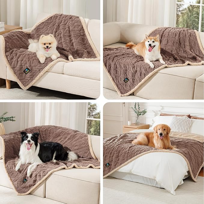 Waterproof Pet Blanket, Liquid Pee Proof Dog Blankets for Sofa Bed Couch, Reversible Sherpa Fleece Furniture Protector Cover for Small Medium Large Dogs Cats,Khaki Medium（57" x 40"）