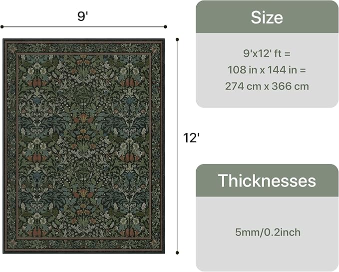 GENIMO 9x12 Washable Area Rug, Non-Slip Vintage Boho Floral Carpet, Soft Low-Pile Thin Large Living Room Rug for Bedroom, Dining Room, Nursery, Dark Green