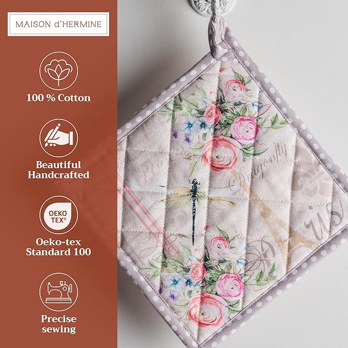 Maison d' Hermine Pot Holders 100% Cotton Heat Resistant Potholders 8" x 8" Hot Pads with Loop BBQ, Cooking, Baking, Grilling, Kitchen, Handling Hot Pans Spring/Summer (Pack of 1, Champ De Mars)