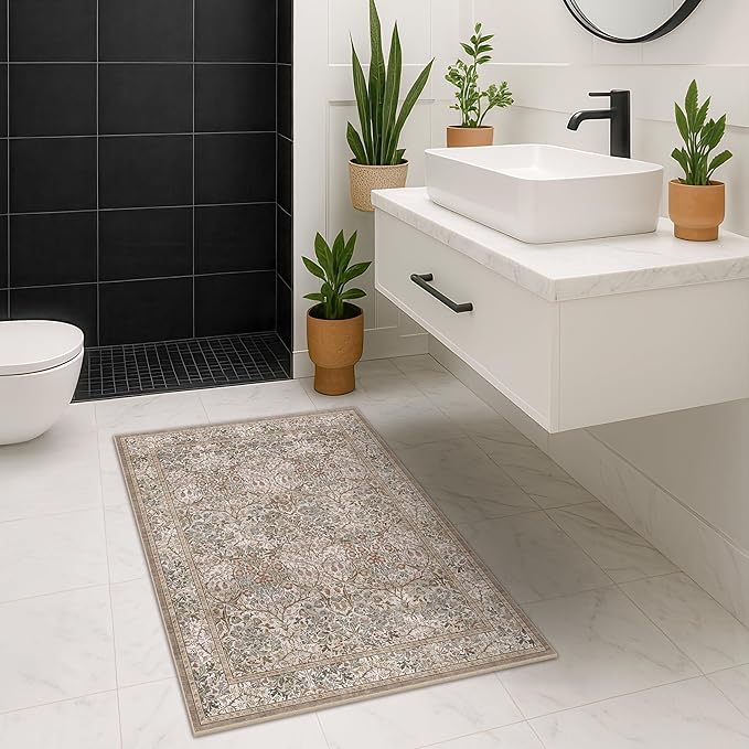 Vintage Moss Green Entryway Rug, 3x4 Washable Area Rugs for Kitchen, Bathroom, Bedroom, Oriental Low Pile Stain Resistant Non-Slip Small Throw Rug