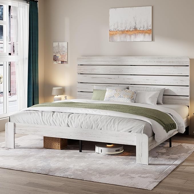 King Size Bed Frame with Wooden Headboard and Footboard, Rustic Platform Bedframe with Wood Slat Support, No Box Spring Needed, Under Bed Storage, Easy Assembly, White