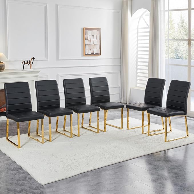 Modern Dining Chairs Set of 6, White Faux Leather Kitchen Chairs, Upholstered Armless Dining Room Chair with Gold Mental Legs Heavy Duty, Comfortable (Black and Gold, Set of 6)