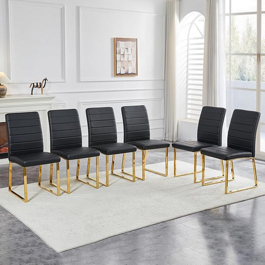 Modern Dining Chairs Set of 6, White Faux Leather Kitchen Chairs, Upholstered Armless Dining Room Chair with Gold Mental Legs Heavy Duty, Comfortable (Black and Gold, Set of 6)